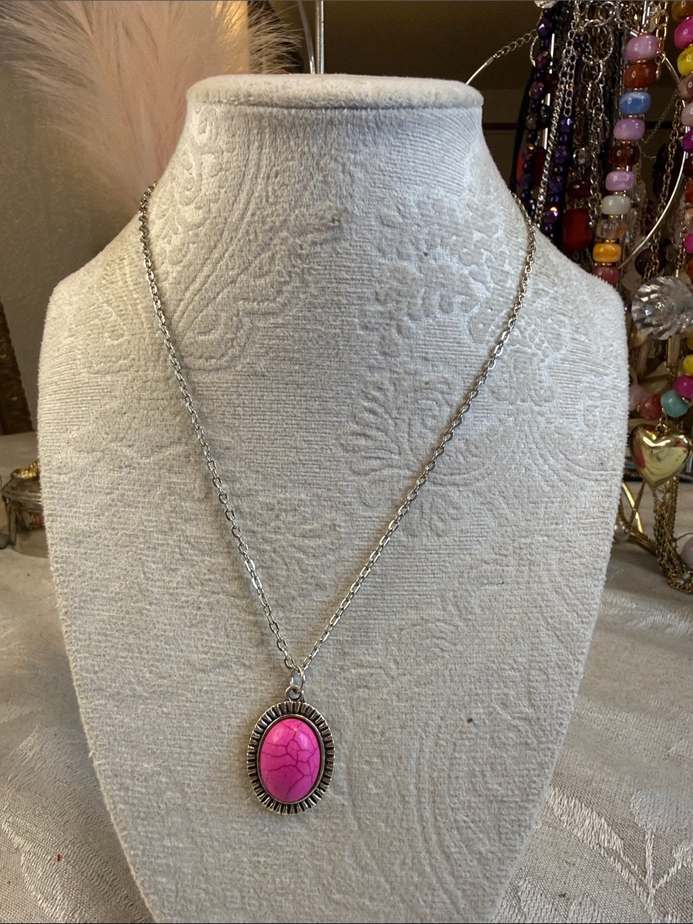 Silver Necklace with Pink Oval Stone Pendant